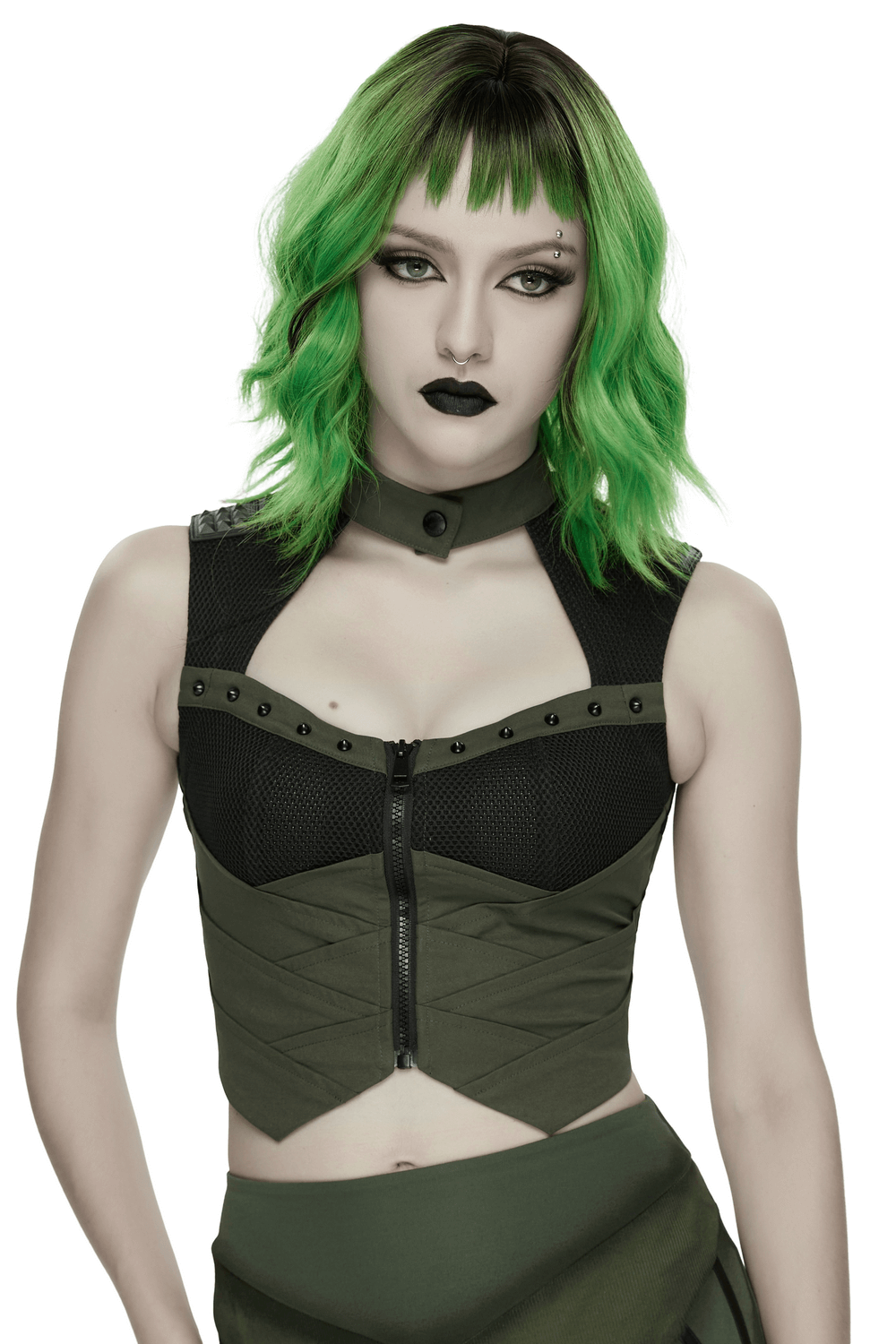 Cyberpunk Tactical Top with Mechanical Back Plate featuring bold fabric and sharp studs for an industrial look.