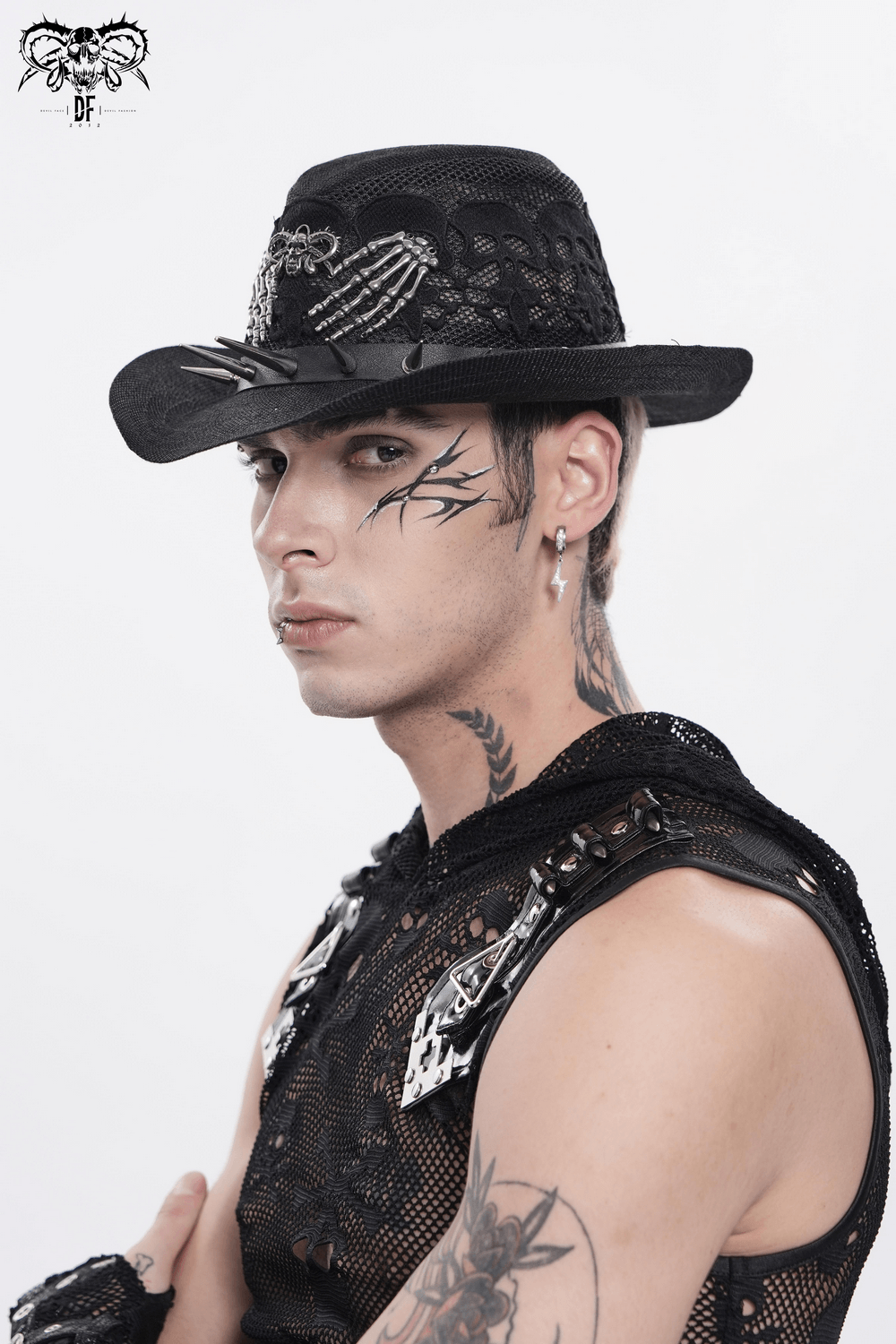 Dark Gothic Wide Brim Hat with Skull Lace and Spike Trim worn by model showcasing gothic style.