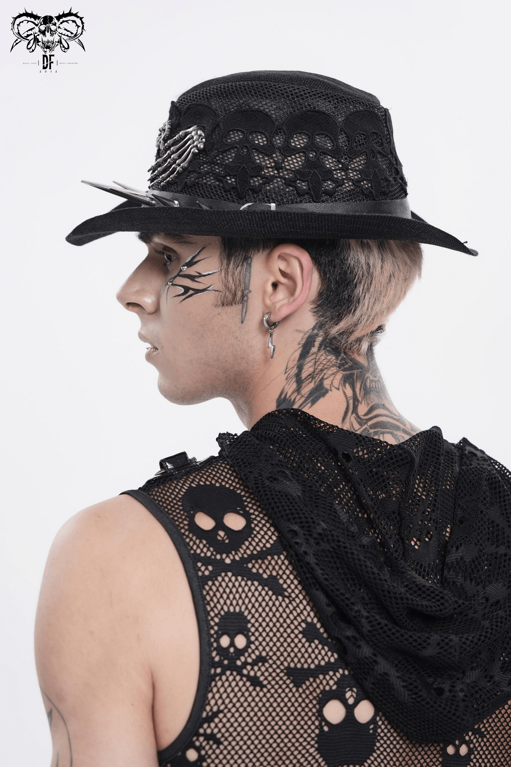 Dark Gothic Wide Brim Hat with Skull Lace and Spike Trim worn by model with unique tattoos and gothic attire.