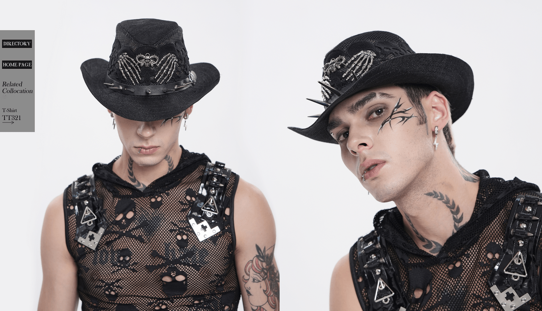 Dark Gothic Wide Brim Hat with Skull Lace and Spike Trim worn by a model with tattoos and a punk outfit.