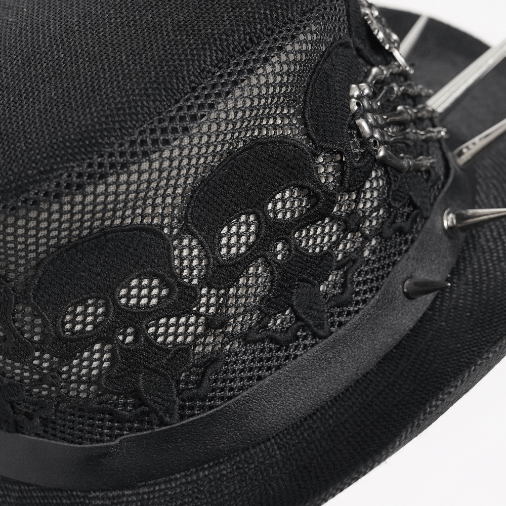 Dark Gothic Wide Brim Hat with Skull Lace and Spike Trim showcasing intricate skull lace and metal spikes.