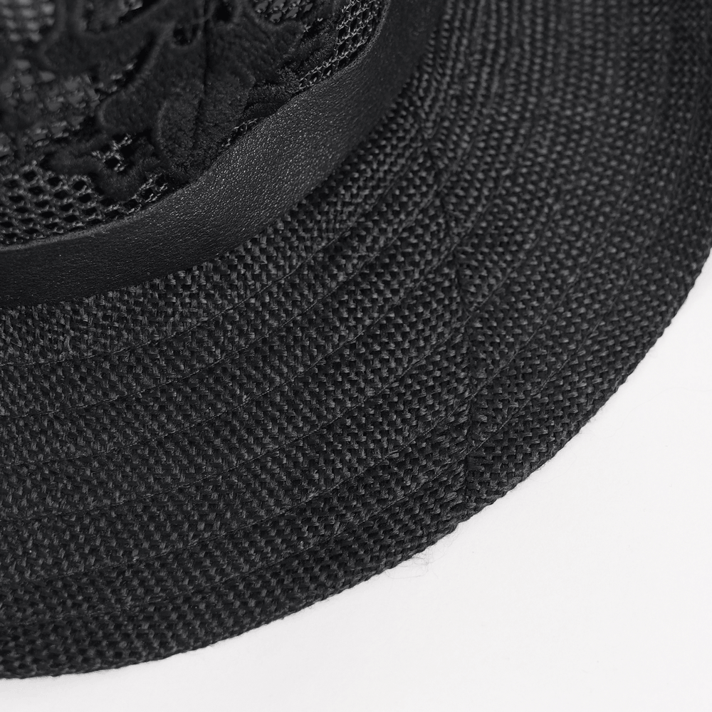 Dark Gothic Wide Brim Hat with Skull Lace and Spike Trim showing textured brim and intricate lace detail.