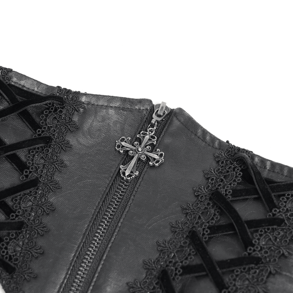 Alt Tag: Dark Romantic Lace Maxi Skirt with Corset Waist and Ruffles zipper close-up with gothic cross charm, black lace trim and corset lacing
