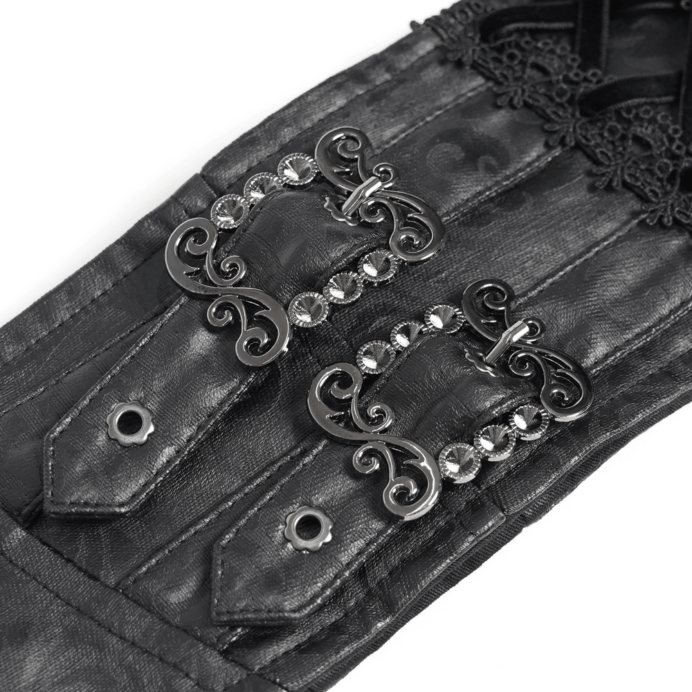 Alt Tag: Dark Romantic Lace Maxi Skirt with Corset Waist and Ruffles corset waistband close-up with lace trim and ornate hooks