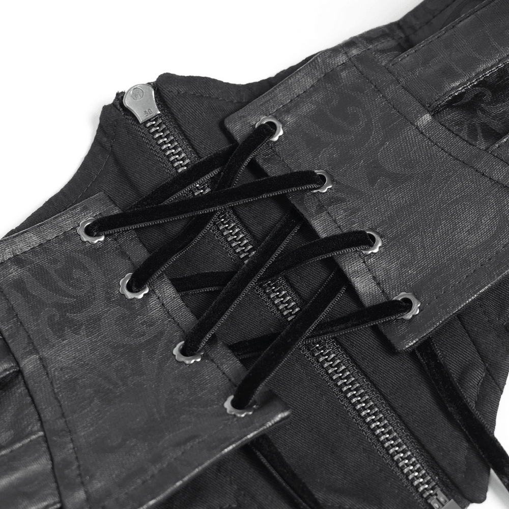 Alt Tag: Dark Romantic Lace Maxi Skirt with Corset Waist and Ruffles close-up of corset lace-up waistband with zipper and grommets