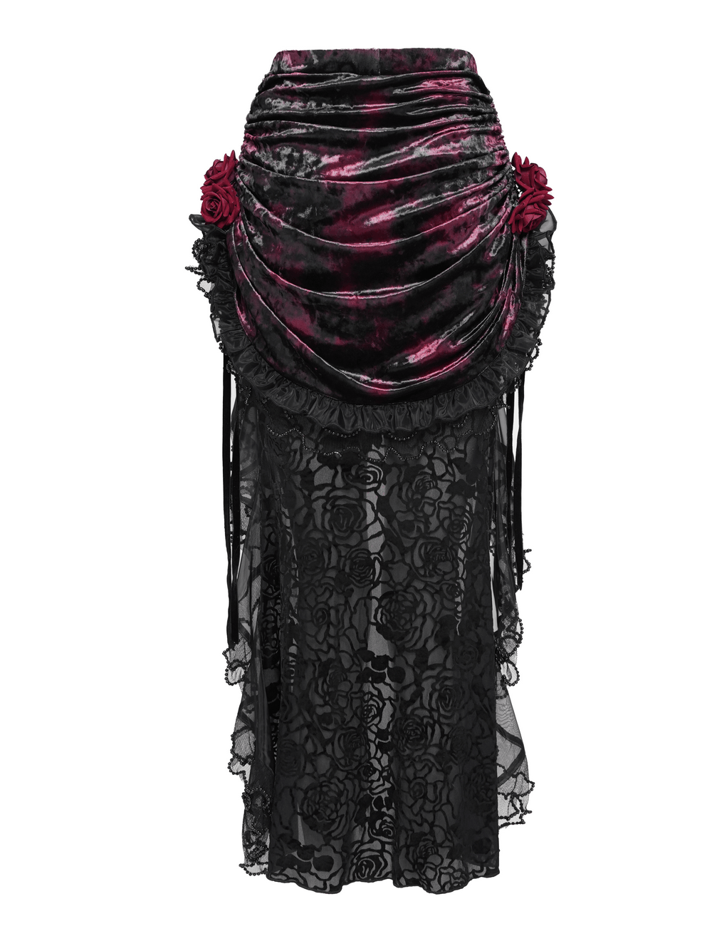 Alt Tag: Dark Romantic Lace Maxi Skirt with Corset Waist and Ruffles in burgundy velvet with ruched drape, rose hips, ruffle trim, lace fishtail hem