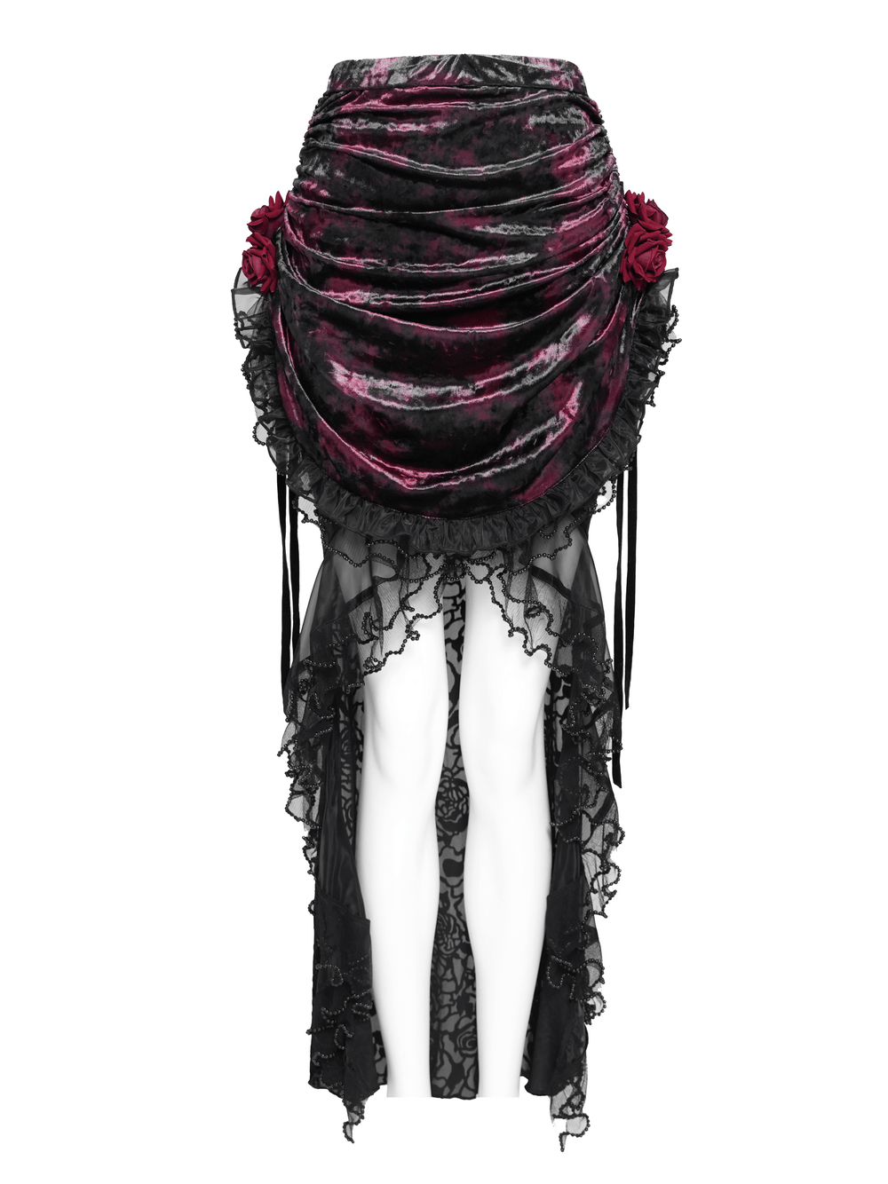 Alt Tag: Dark Romantic Lace Maxi Skirt with Corset Waist and Ruffles burgundy velvet ruched mermaid skirt, lace roses, ruffled lace fishtail hem