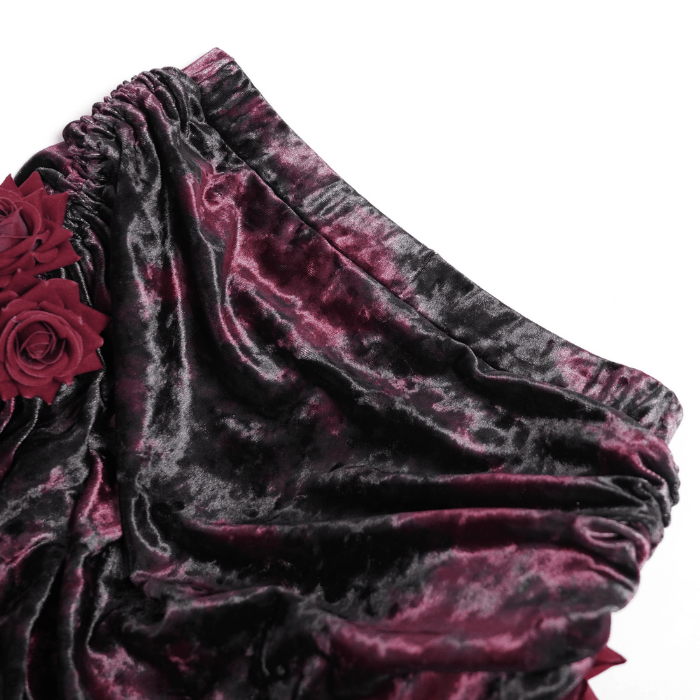 Alt Tag: Dark Romantic Lace Maxi Skirt with Corset Waist and Ruffles, burgundy velvet ruching with rose accents and gothic ruffle detail