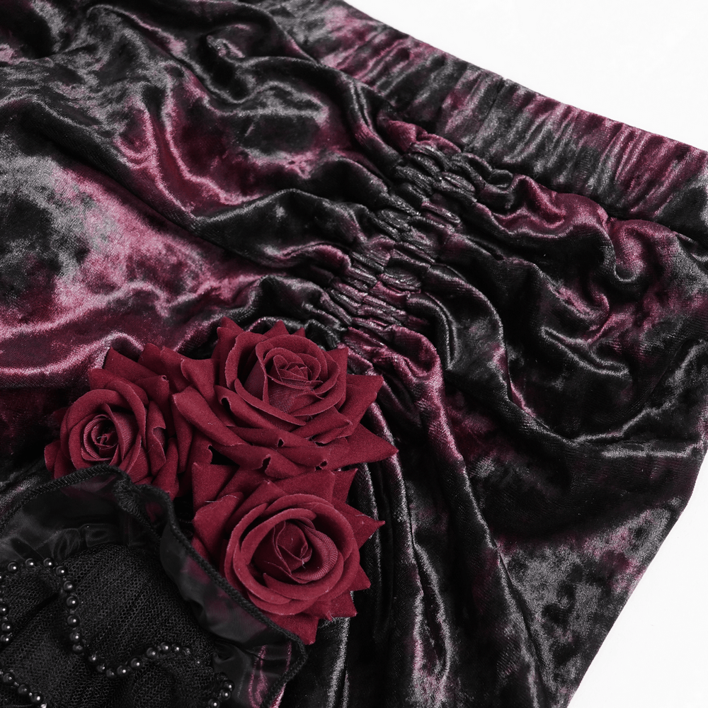 Alt Tag: Dark Romantic Lace Maxi Skirt with Corset Waist and Ruffles burgundy velvet ruching with rose accents, gothic ruffle detail