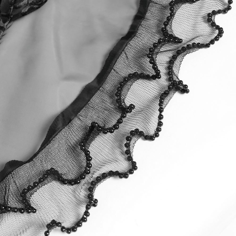 Alt Tag: Dark Romantic Lace Maxi Skirt with Corset Waist and Ruffles close-up of black sheer lace ruffle trim with beaded edging