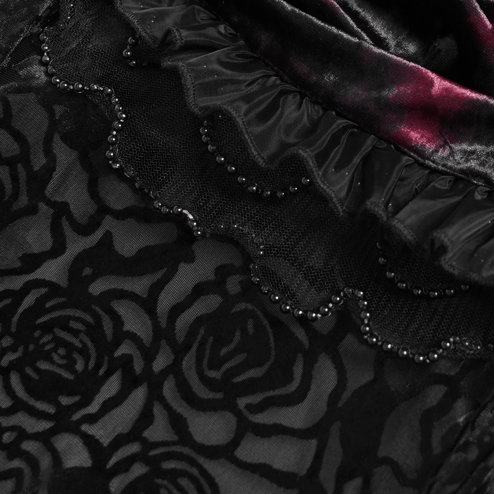 Alt Tag: Dark Romantic Lace Maxi Skirt with Corset Waist and Ruffles close-up of black floral lace ruffles with beaded trim and burgundy velvet