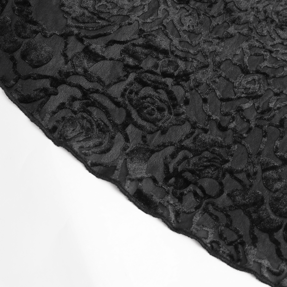 Alt Tag: Dark Romantic Lace Maxi Skirt with Corset Waist and Ruffles close-up of black floral lace rose texture with scalloped edge