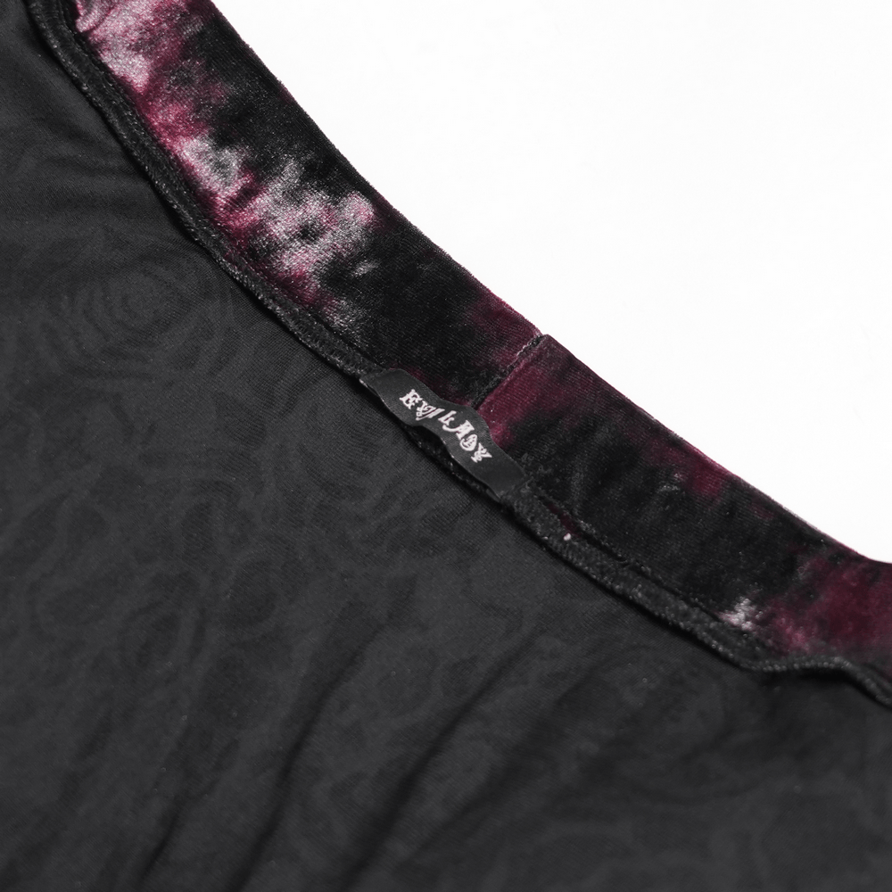 Alt Tag: Dark Romantic Lace Maxi Skirt with Corset Waist and Ruffles close-up of burgundy-black velvet waistband and floral lace fabric
