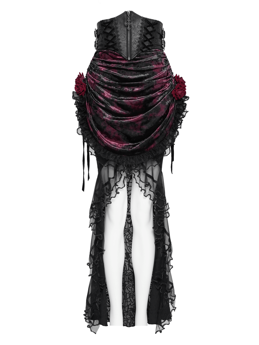 Alt Tag: Dark Romantic Lace Maxi Skirt with Corset Waist and Ruffles burgundy velvet mermaid with lace roses, ruffles, sheer lace fishtail hem