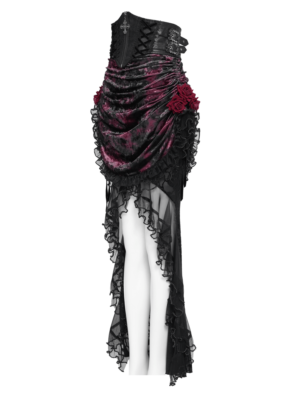 Alt Tag: Dark Romantic Lace Maxi Skirt with Corset Waist and Ruffles in burgundy velvet, ruched drape, rose accents, ruffle lace fishtail hem