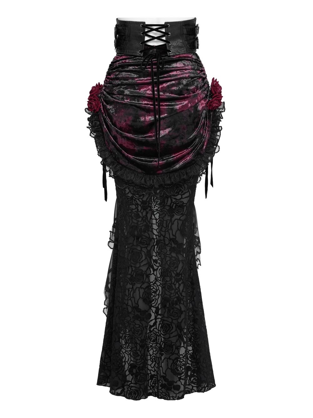 Alt Tag: Dark Romantic Lace Maxi Skirt with Corset Waist and Ruffles in burgundy velvet, lace-up back, ruched drape, rose hips, ruffle hem
