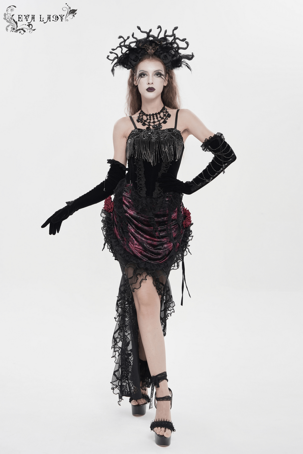 Alt Tag: Dark Romantic Lace Maxi Skirt with Corset Waist and Ruffles in burgundy velvet with lace rose hips, ruffled trim and sheer lace fishtail hem