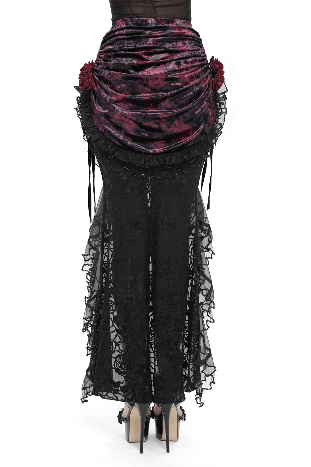 Alt Tag: Dark Romantic Lace Maxi Skirt with Corset Waist and Ruffles burgundy velvet ruching, rose hip accents, black lace fishtail hem