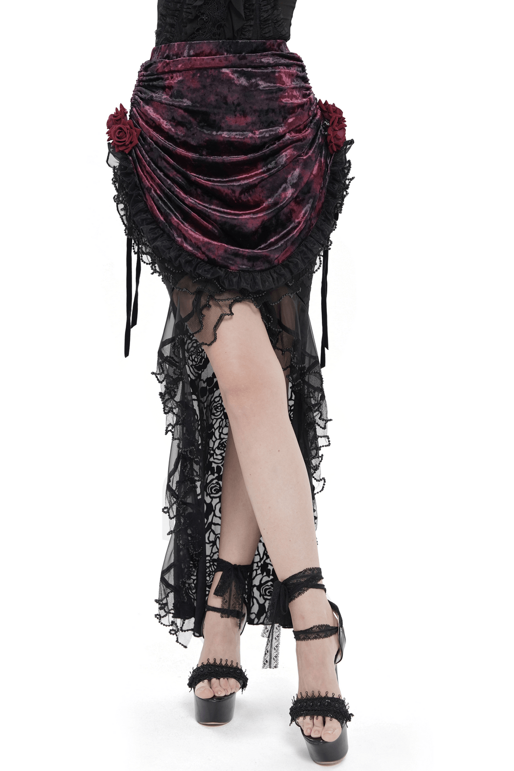 Alt Tag: Dark Romantic Lace Maxi Skirt with Corset Waist and Ruffles burgundy velvet ruched mermaid skirt, lace fishtail hem, rose hips