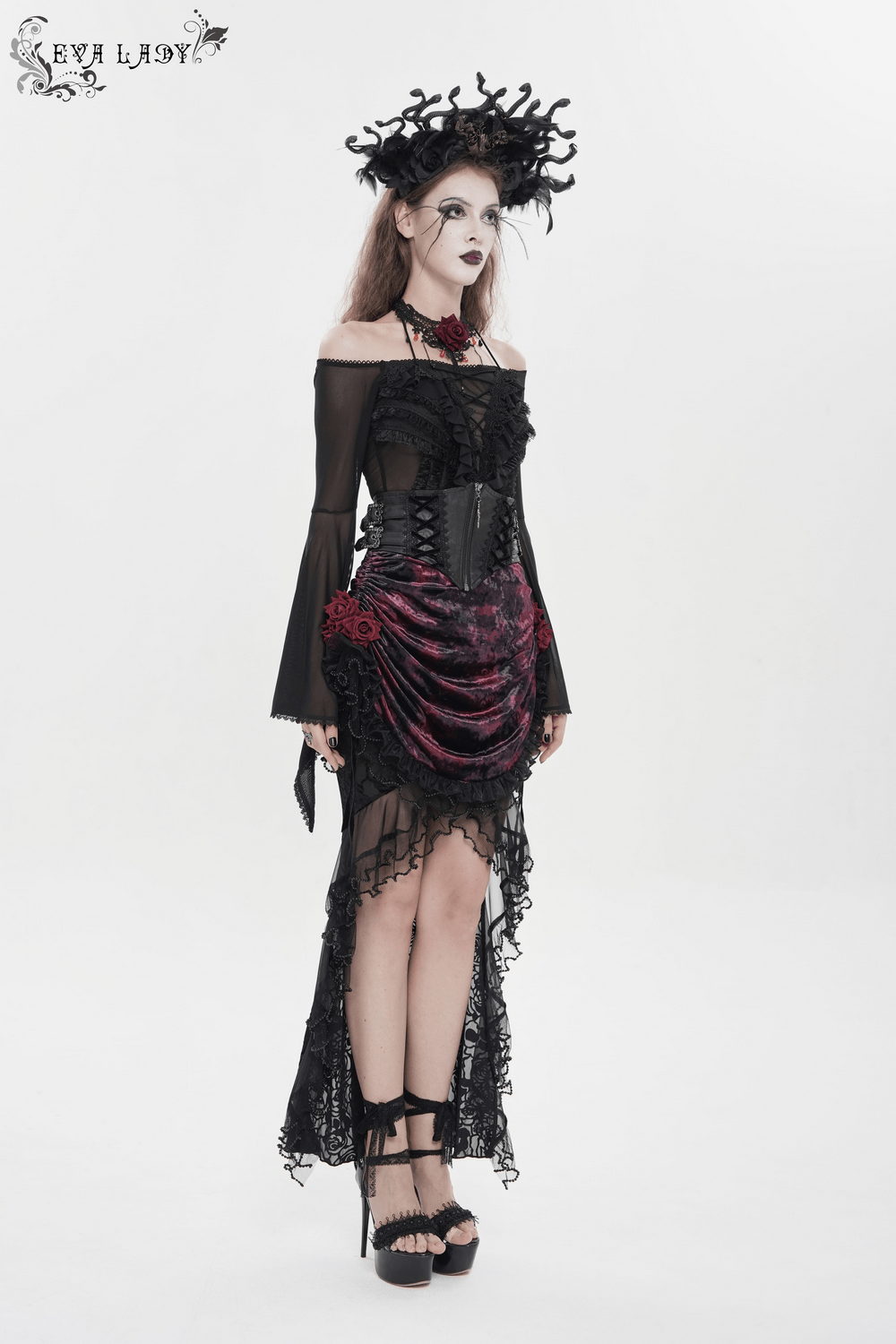 Alt Tag: Dark Romantic Lace Maxi Skirt with Corset Waist and Ruffles in burgundy velvet, lace roses, ruffled hem and lace-up back gothic look