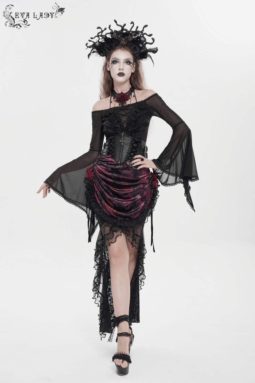 Dark Romantic Lace Maxi Skirt with Corset Waist and Ruffles on model, burgundy velvet mermaid skirt with lace roses, ruffled fishtail hem