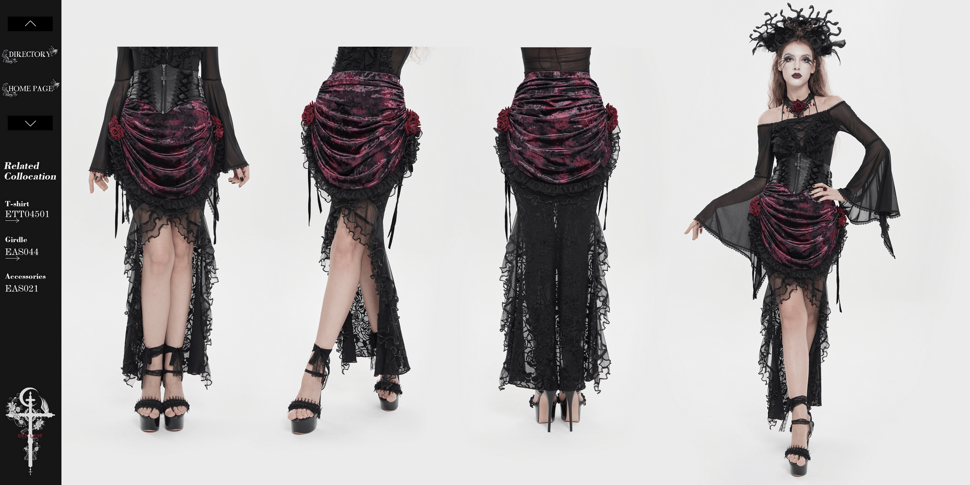 Alt Tag: Dark Romantic Lace Maxi Skirt with Corset Waist and Ruffles, burgundy velvet mermaid with corset waist, ruffles, lace fishtail hem