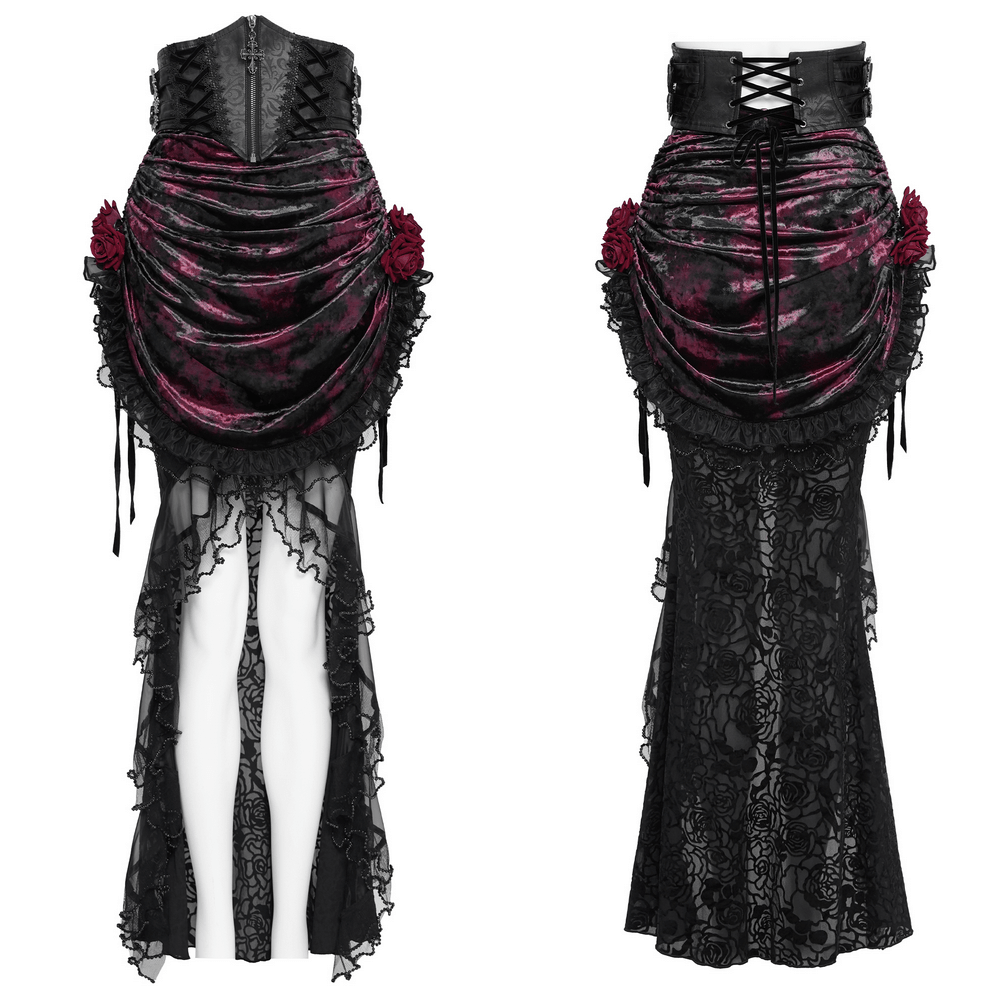 Alt Tag: Dark Romantic Lace Maxi Skirt with Corset Waist and Ruffles, burgundy velvet drape, lace rose hips, ruffle trim, sheer lace fishtail