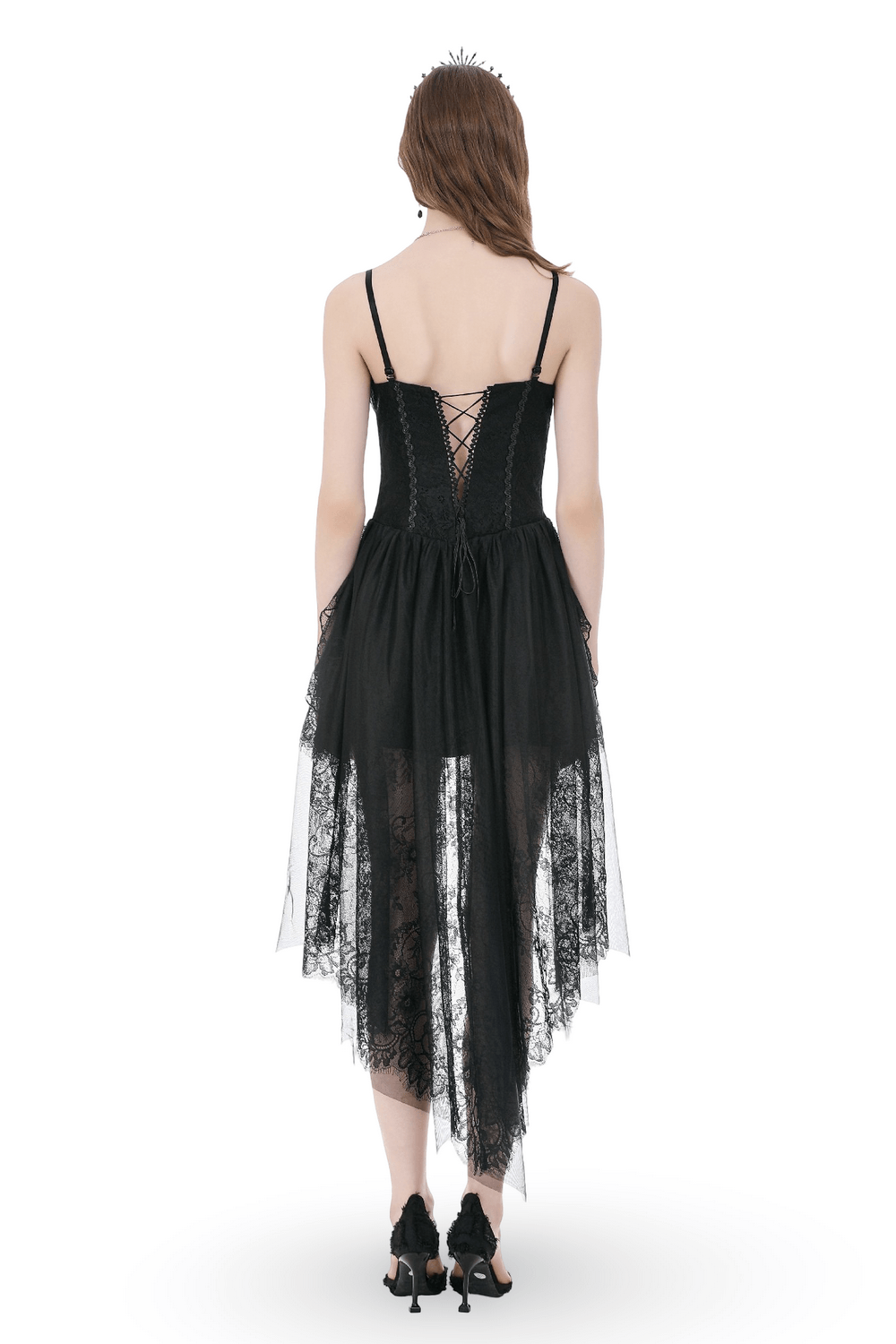 Back view of Dark Romantic Mesh Dress with Lace Up Back and Cami Straps showcasing the gothic lace design and high low mesh skirt.