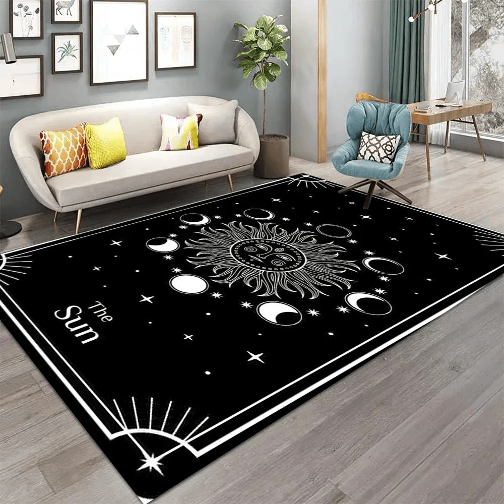 Dark Witchy Sun Moon Square Rug for Gothic Rooms in living room with celestial design and lunar phases.