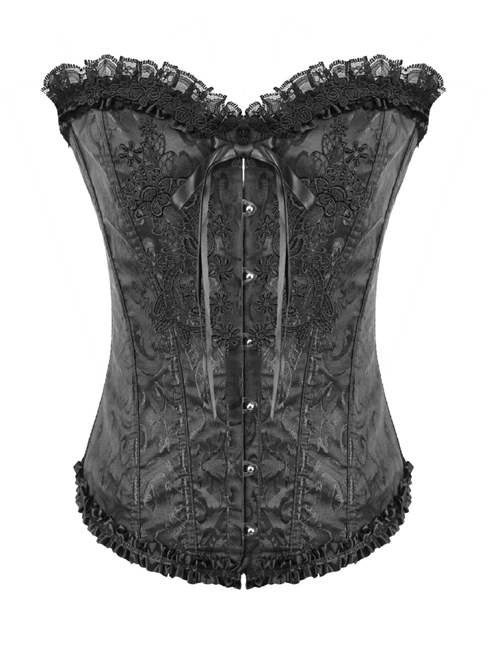 Delicate Overbust Corset with Floral Brocade Detailing featuring lace trim and satin ribbon lacing.