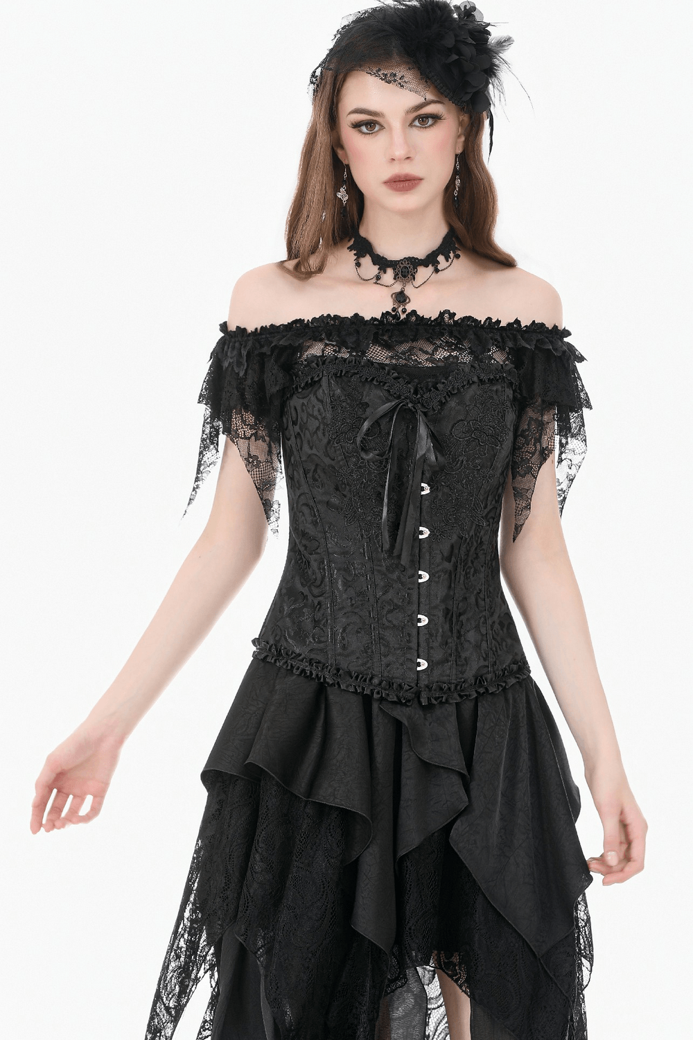 Delicate Overbust Corset with Floral Brocade Detailing styled with lace, ruffles, and a romantic silhouette.