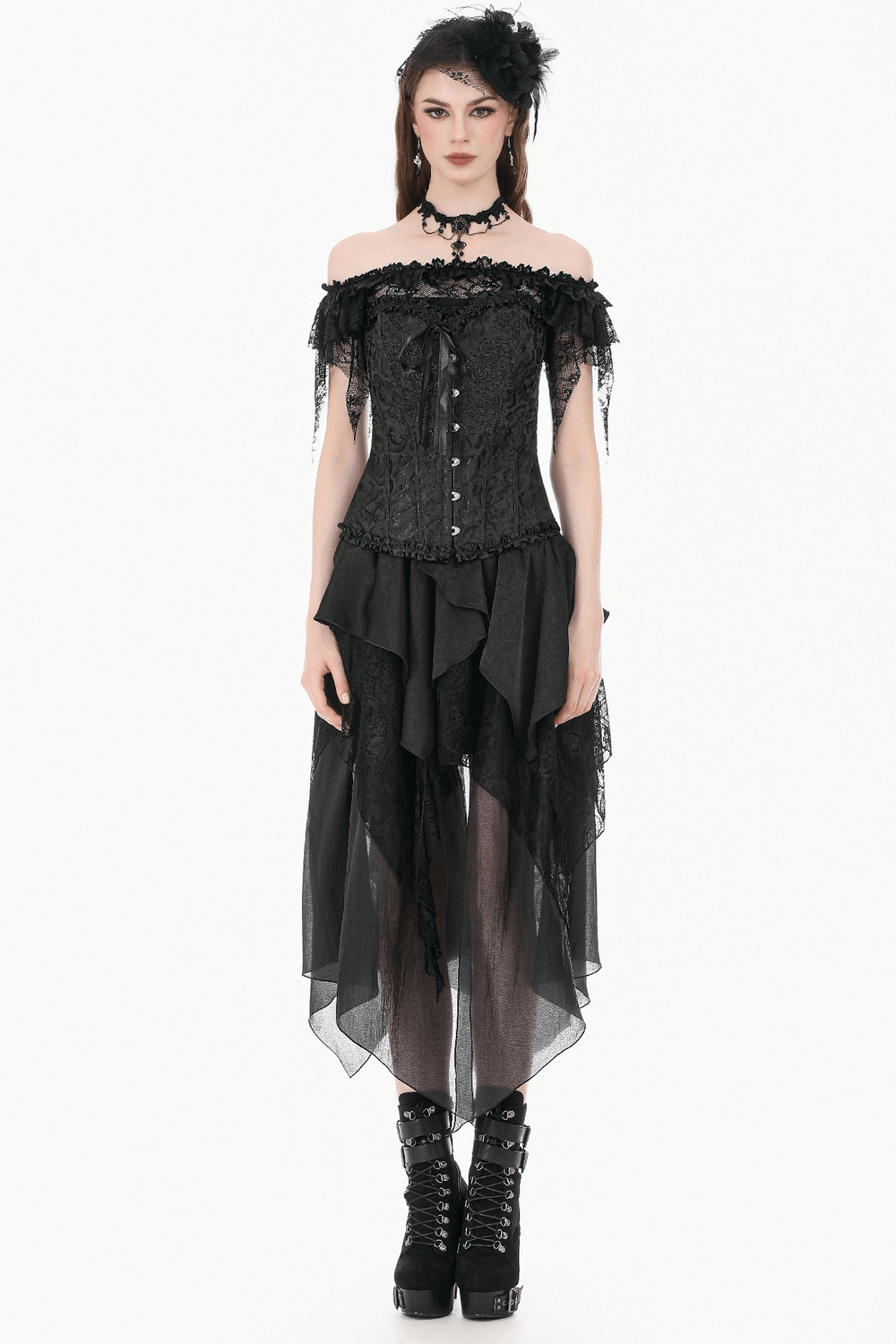 Delicate Overbust Corset with Floral Brocade Detailing worn by a model in gothic lace attire with frill and ribbon lacing.
