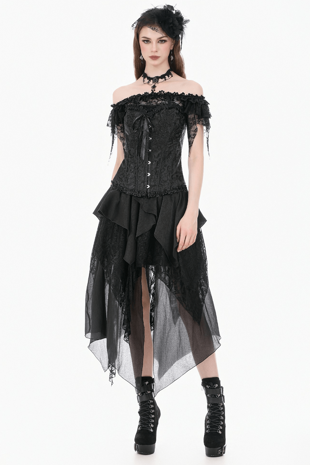Delicate Overbust Corset with Floral Brocade Detailing on a model showcasing its gothic elegance and intricate lace design.