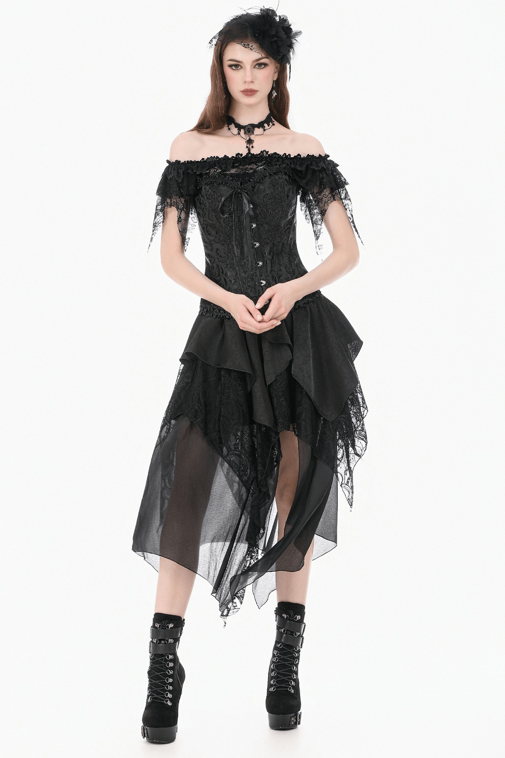 Delicate Overbust Corset with Floral Brocade Detailing showcased in a gothic-inspired outfit with lace and ruffles.