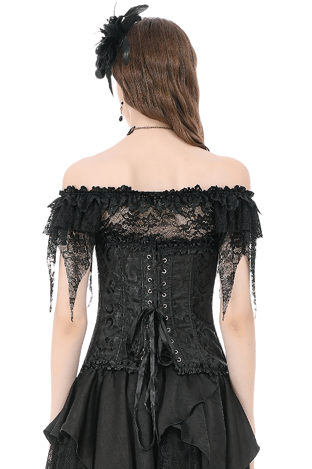 Delicate Overbust Corset with Floral Brocade Detailing showcasing lace and ribbon lacing from the back view.