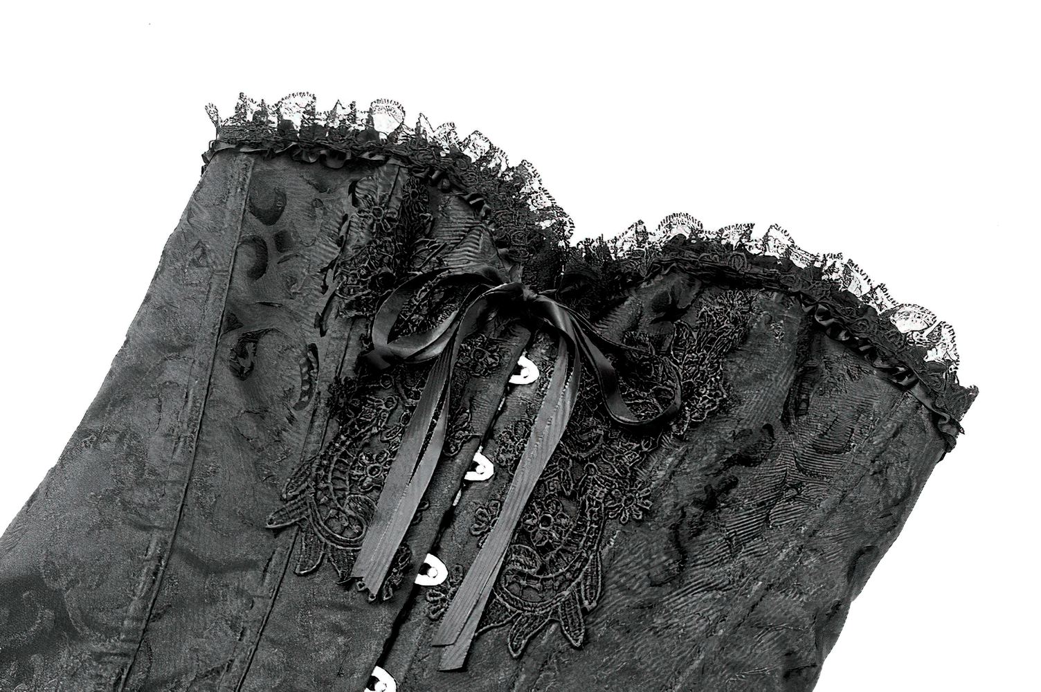 Delicate Overbust Corset with Floral Brocade Detailing showcasing lace trim, ribbon lacing, and elegant detailing.