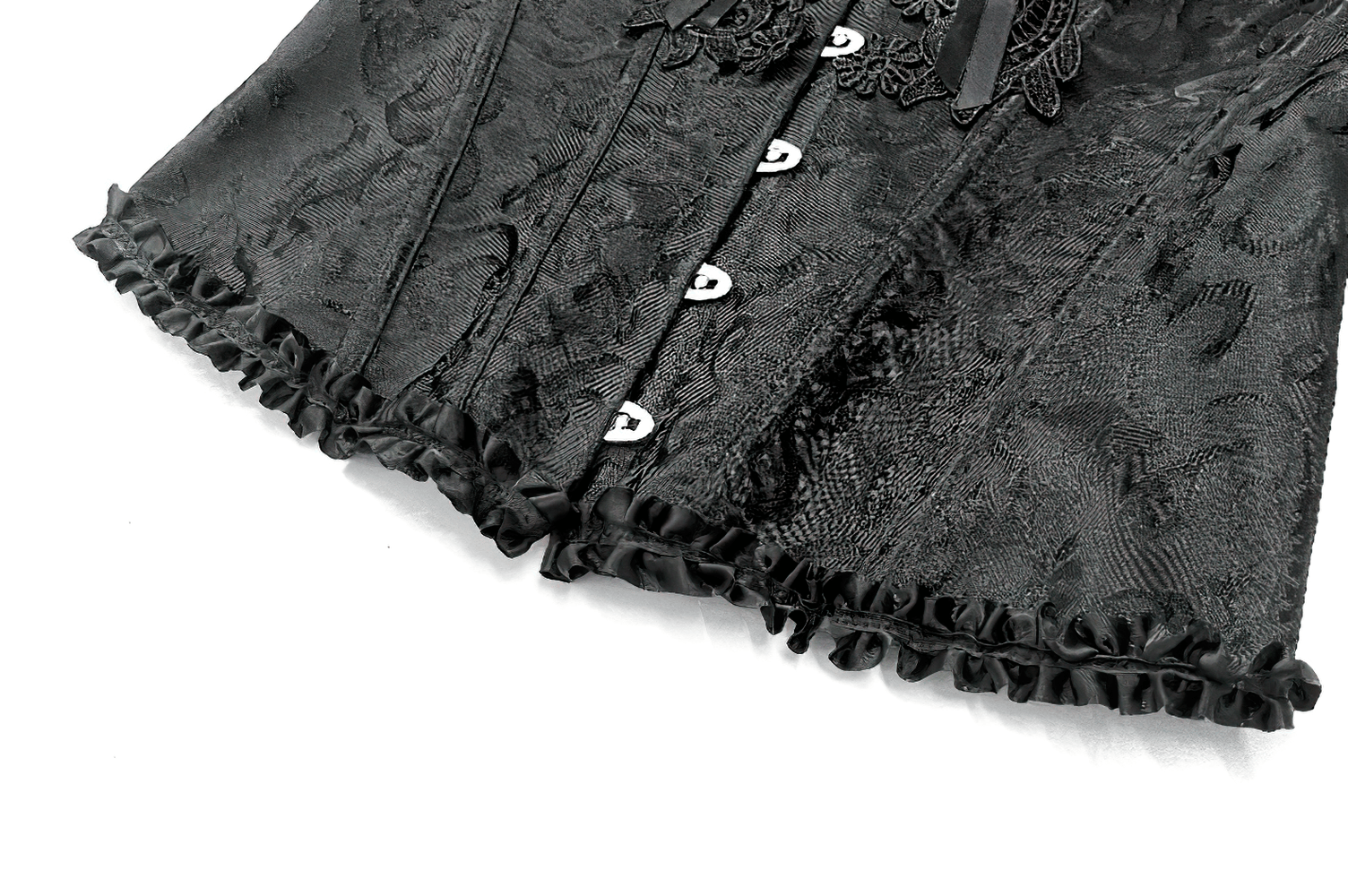Delicate Overbust Corset with Floral Brocade Detailing showcasing floral brocade and ruffled trim.