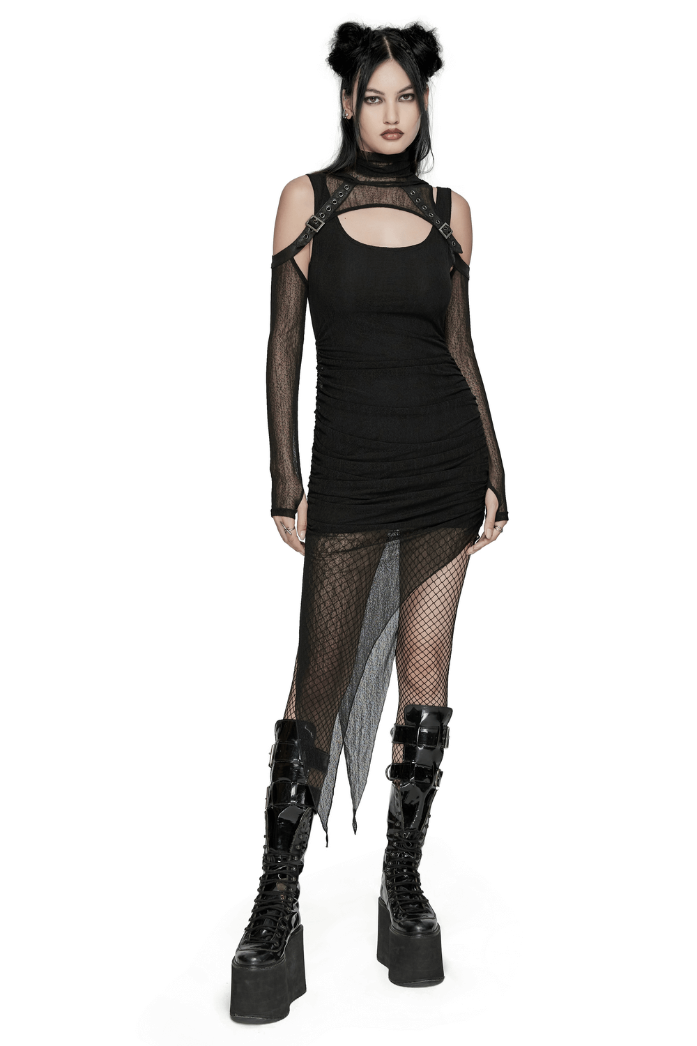 Edgy hooded two-piece dress with mesh details, showcasing an irregular hem and a flattering silhouette.
