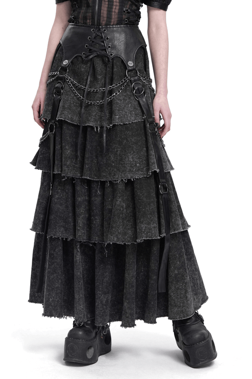 Edgy Layered Gothic Skirt with Chains and Lace-Up
