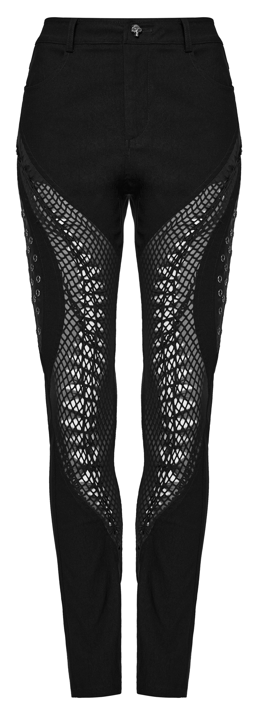 Edgy punk trousers with mesh side panels and intricate woven details for a bold fashion statement.