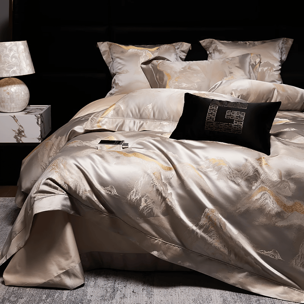 Egyptian Cotton Mountain Jacquard Bedding Set showcasing satin sheen and mountain landscape pattern for elegant bedrooms.