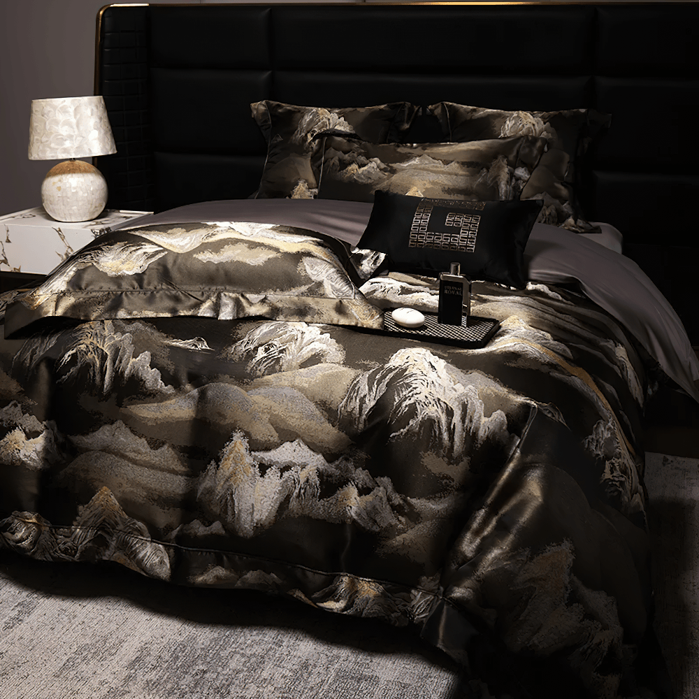 Egyptian Cotton Mountain Jacquard Bedding Set showcasing a satin sheen and mountain landscape pattern on a queen bed.