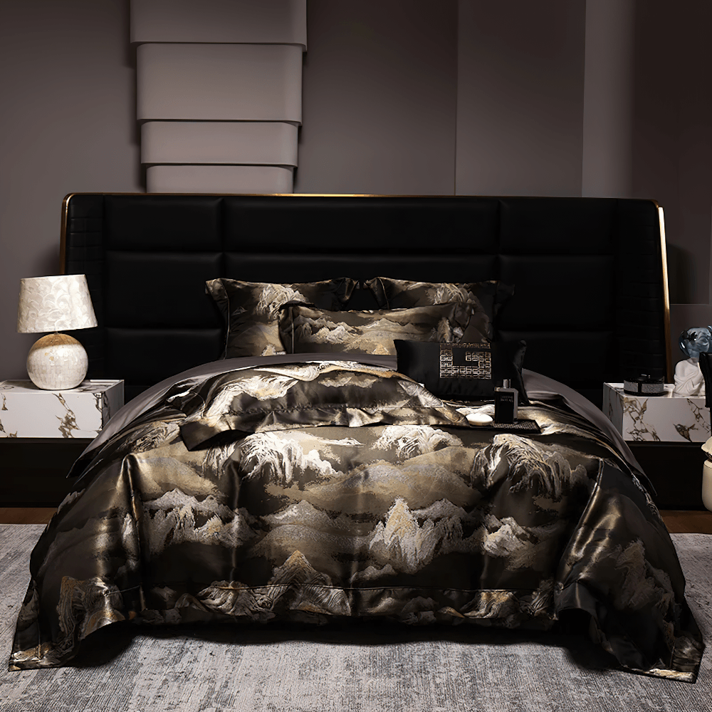 Egyptian Cotton Mountain Jacquard Bedding Set on a black bed, showcasing a satin sheen and mountain landscape design.