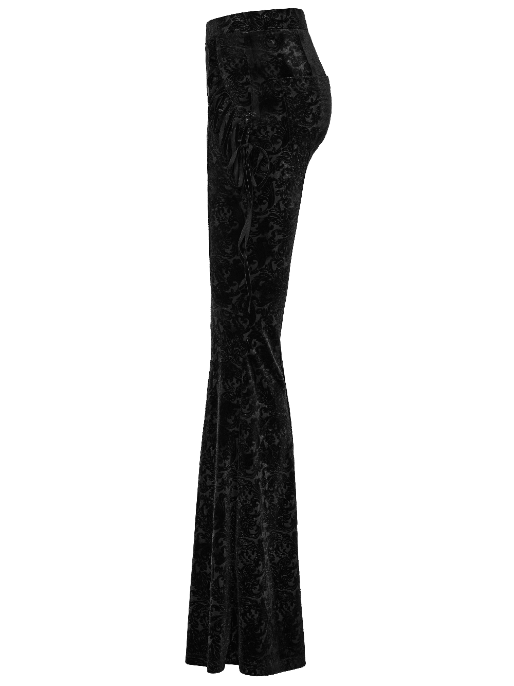 Side view of elastic velvet gothic flare pants with lace-up sides, featuring dark jacquard texture and classic flared silhouette.
