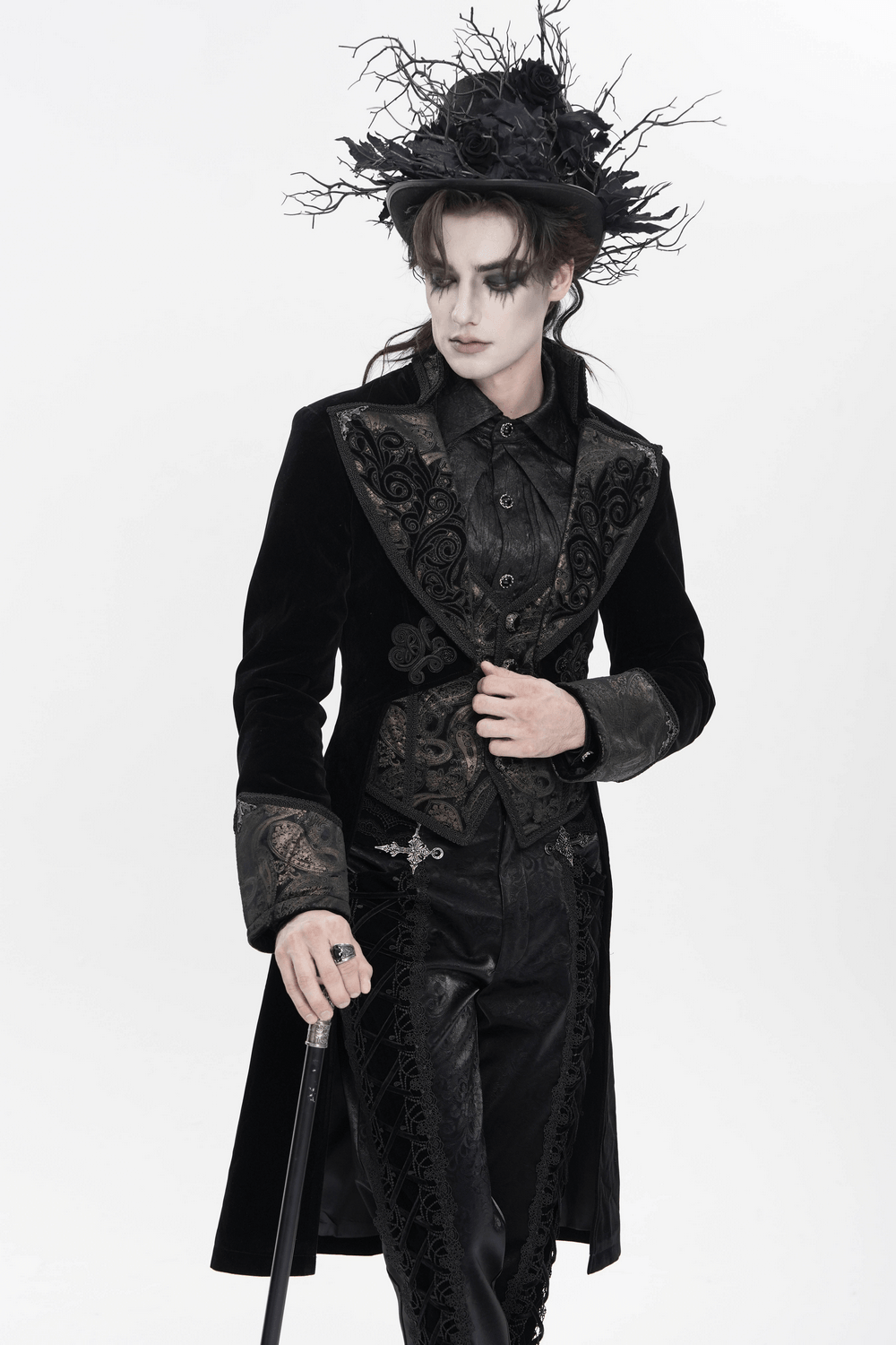 Elegance Black Gothic Tailcoat with Baroque Embroidery worn by a model, showcasing dramatic Victorian-inspired style.