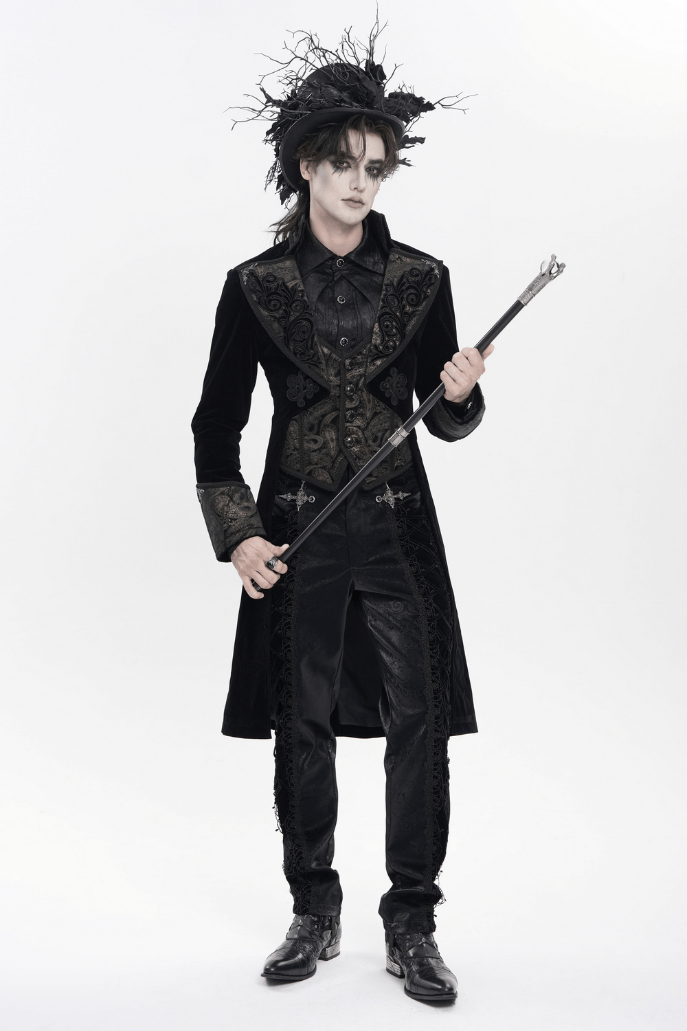 Elegance Black Gothic Tailcoat with Baroque Embroidery worn by a model, showcasing a dramatic steampunk style.