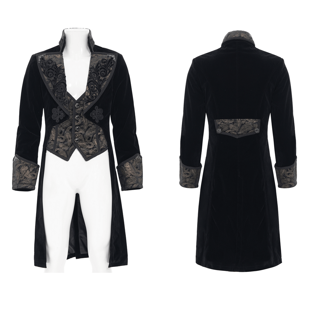 Elegance Black Gothic Tailcoat with Baroque Embroidery showcasing ornate design and dramatic silhouette.