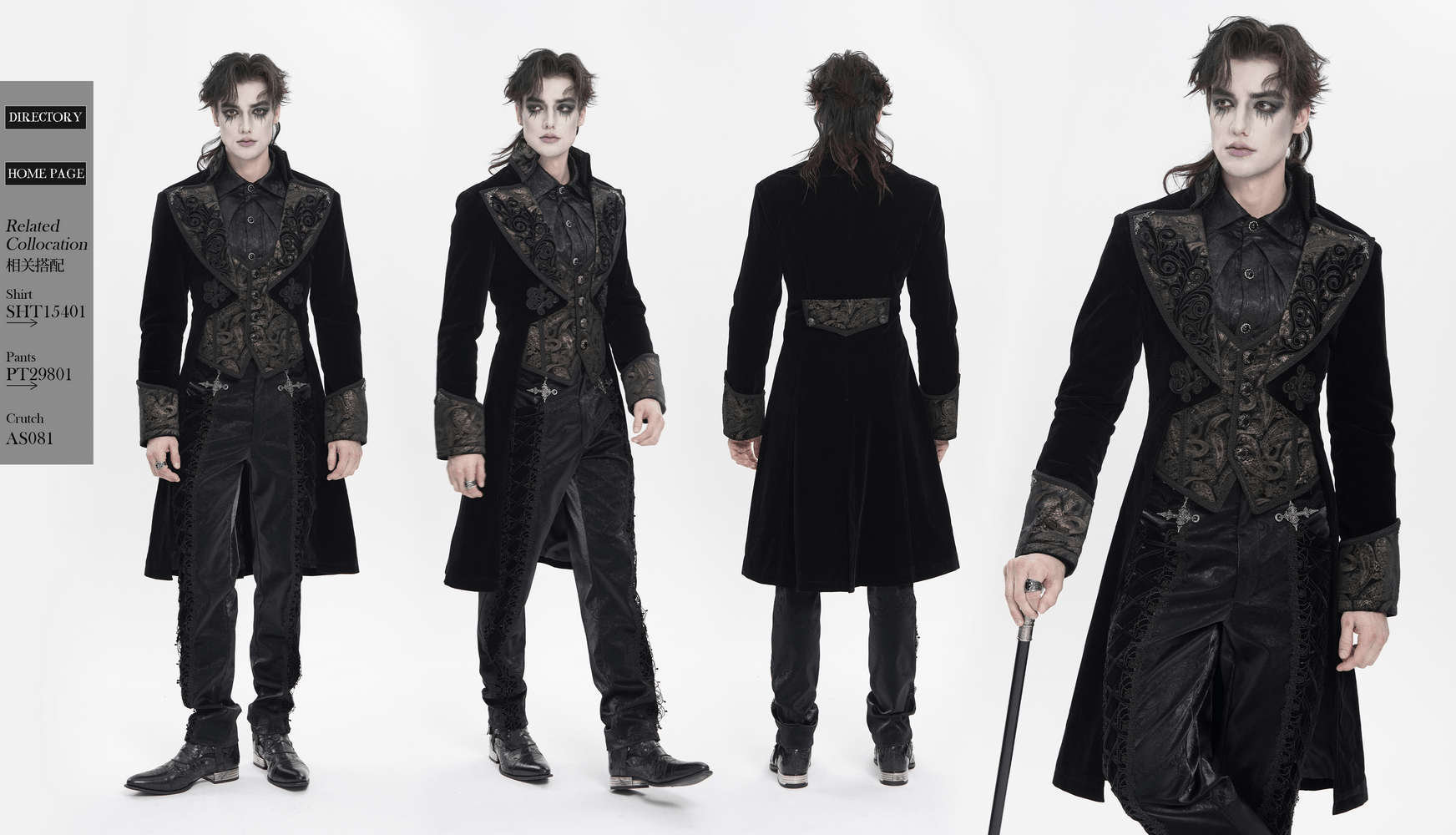 Elegance Black Gothic Tailcoat with Baroque Embroidery showcased from multiple angles on a model, displaying intricate details.
