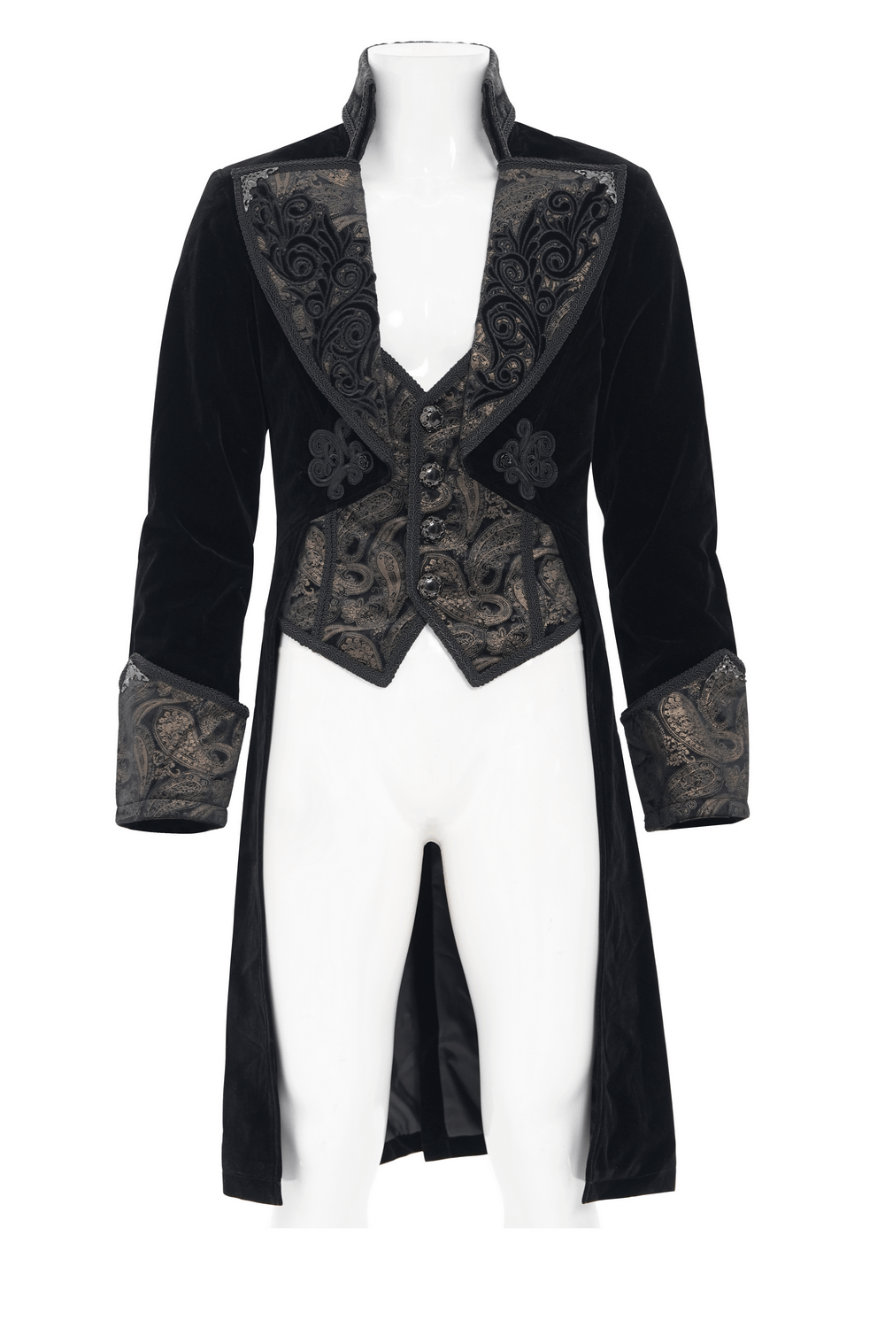 Elegance Black Gothic Tailcoat with Baroque Embroidery showcasing ornate designs and a dramatic silhouette.