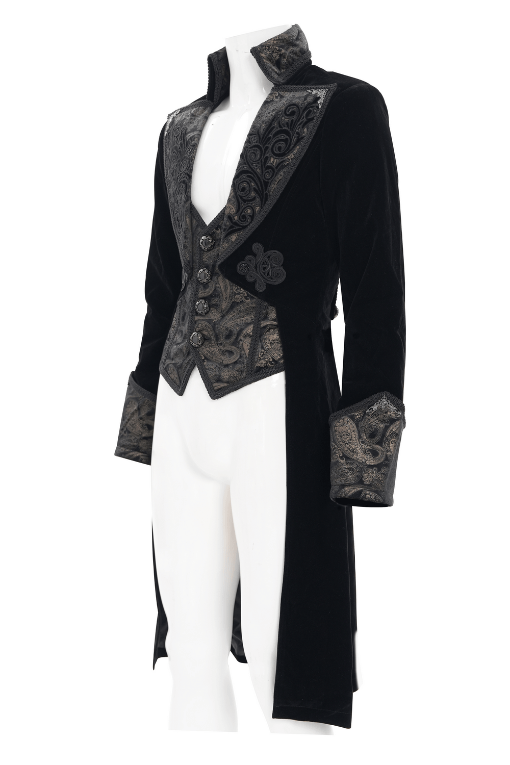Elegance Black Gothic Tailcoat with Baroque Embroidery displaying ornate details and a dramatic silhouette.